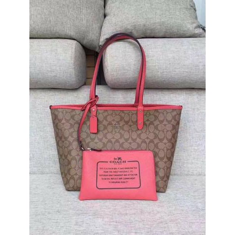 Coach Reversible City Tote Signature Light Khaki/ Light Pink F36658