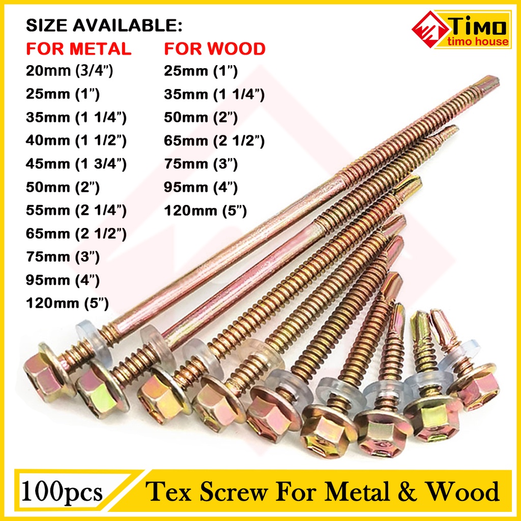 (100pcs) Tex Screw for metal for wood 1,11/2, 2, 2 1/2,3,4,5inch ...