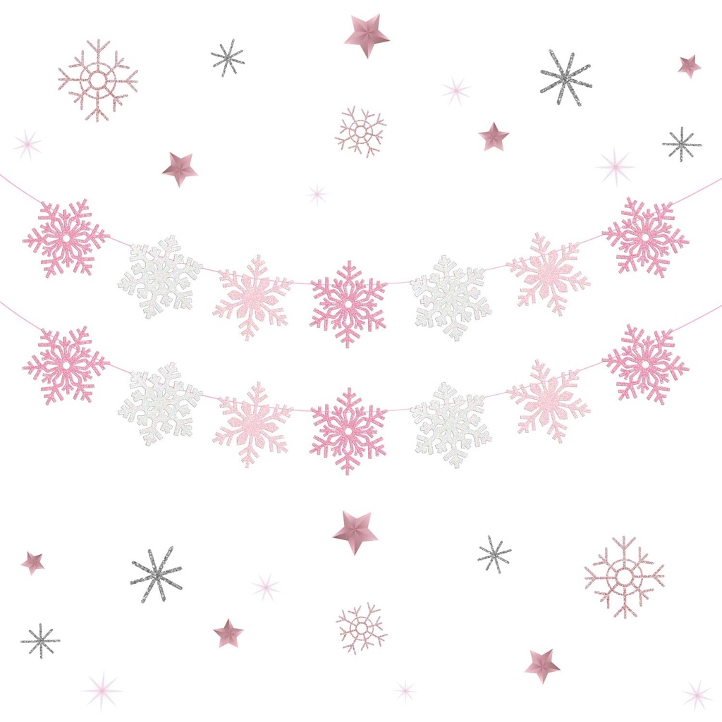 JOYMEMO 2 Pack Snowflake Banner Garland Ornaments Decorations Pink & White for Christmas Party Girls Winter Wonderland Birthday Baby Shower, Holiday Home Table Decor