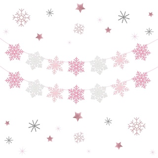 JOYMEMO 2 Pack Snowflake Banner Garland Ornaments Decorations Pink & White for Christmas Party Girls Winter Wonderland Birthday Baby Shower, Holiday Home Table Decor #1