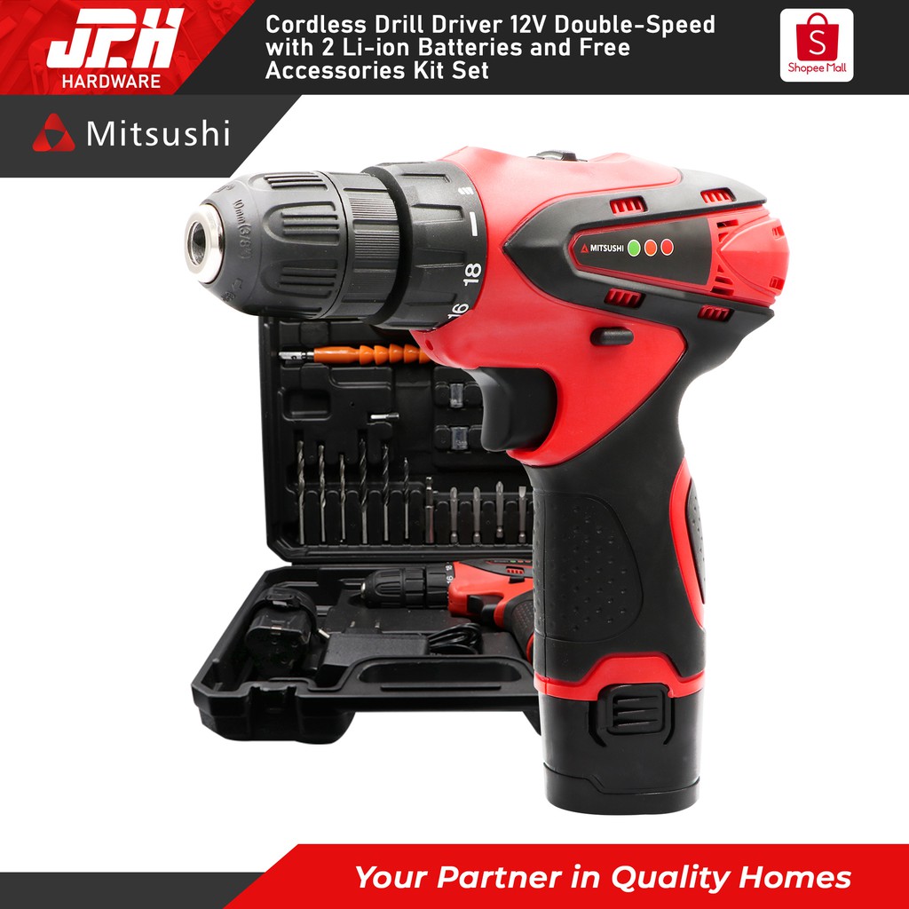 Mitsushi Cordless Drill Driver 12v Double Speed With 2 Li Ion Batteries And Free Accessories Kit 