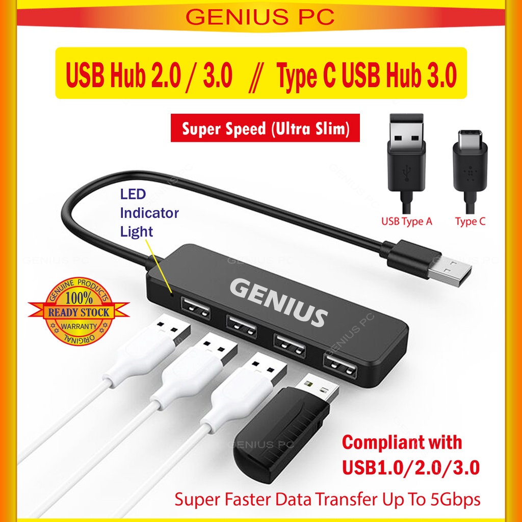 Genius USB 2.0 / 3.0 Hub Type C Hub 3.0 USB Hub 4 Port Expander Cable ...