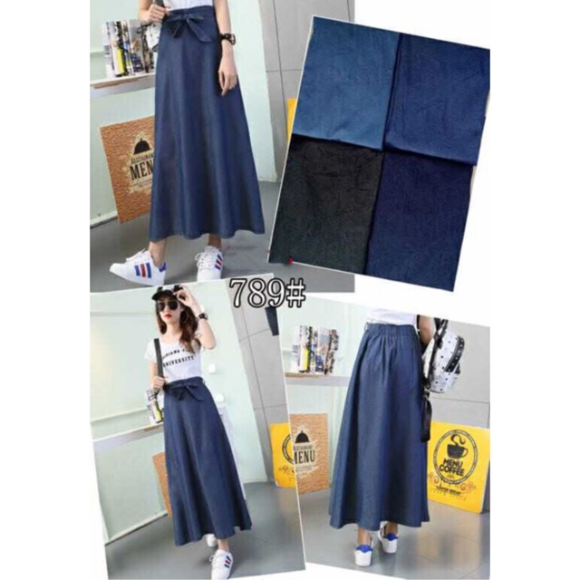 Maxi Denim Skirt Maong Long Skirt With Ribbon Style | Shopee Philippines