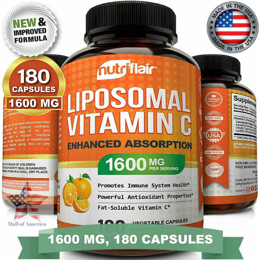 NutriFlair Liposomal Vitamin C 1600 mg, 180 Capsules, 90 Servings (Made