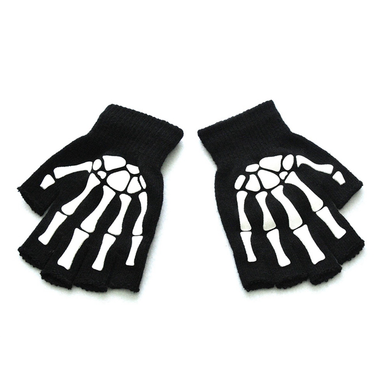 Skeleton Gloves-Luminous Stretchy Costum Gloves Unisex Goth Accessories Emo Fingerless Skull Gloves One Pair 