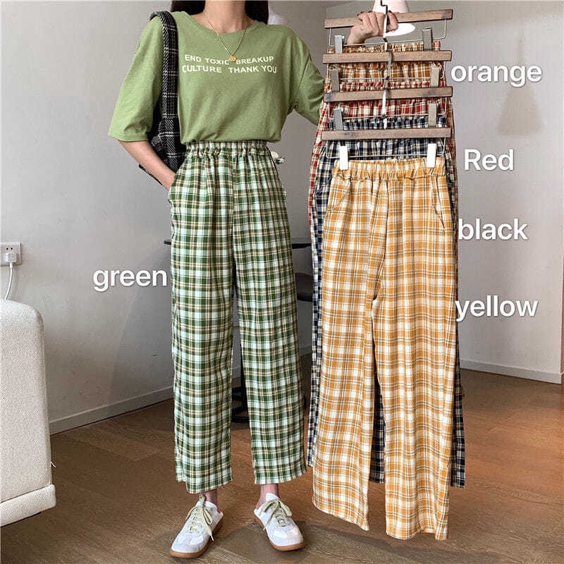 green plaid women's pants