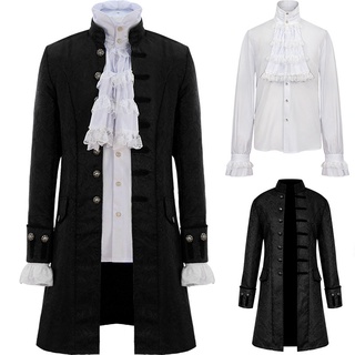 Renaissance Medieval Steampunk MenTrench Coat and Shirt Set Vintage Prince Overcoat Victorian Edwardian Jacket Cosplay Costume