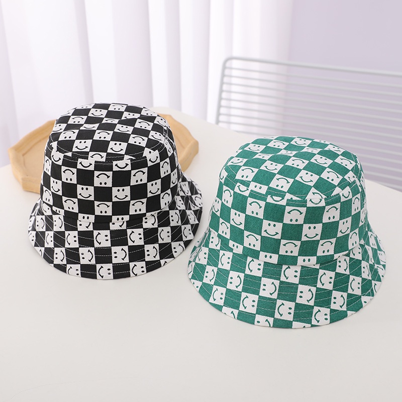 Chessboard lattice smiling face fisherman hat children's street shooting trend basin hat retro travel sunshade hat girl