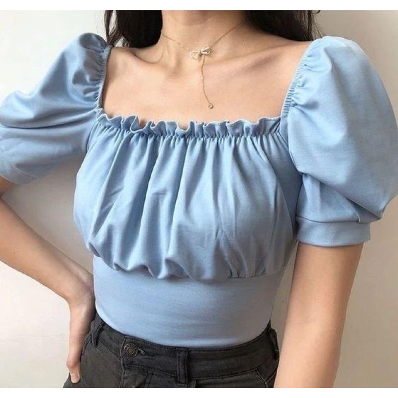 AWESOME KOREAN FASHION Puff Sleeve Offshoulder 2way CROP TOP BLOUSE ...