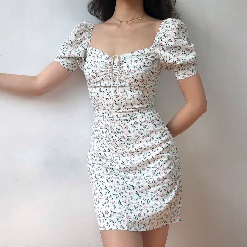 Casual Dress Floral Dress Puff sleeve retro Plain Floral Print Square Neck  Lace Up Bubble Sleeve Dress with Sleeves | Shopee Philippines