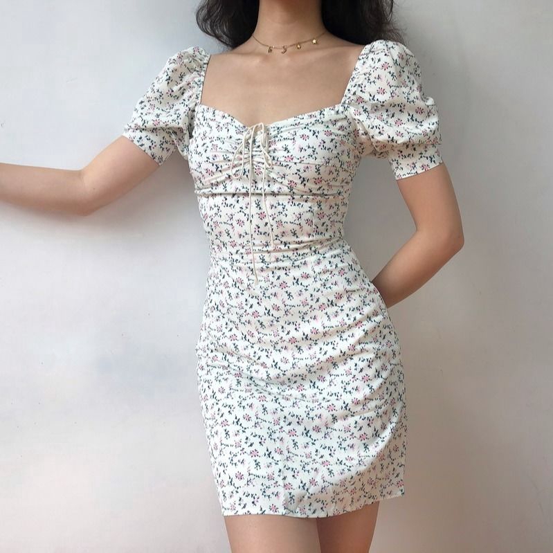 Casual Dress Floral Dress Puff sleeve retro Plain Floral Print Square ...