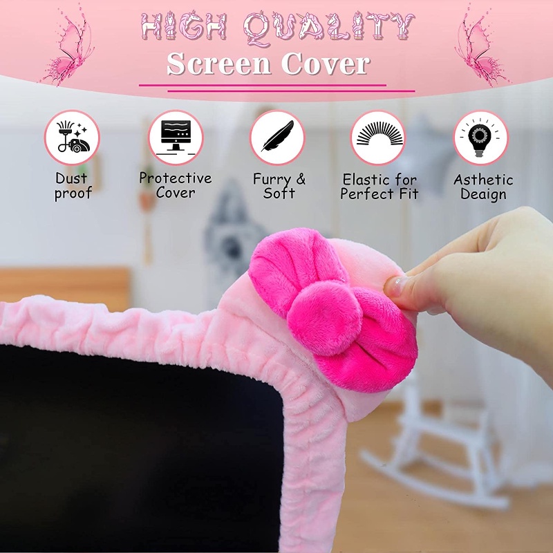 LINXTAR 20-27 Computer Monitor Cover with Cat Ear Design Furry Kawaii Hot Pink Monitor Dust Cover Elastic Dustproof for PC Tablet TV 