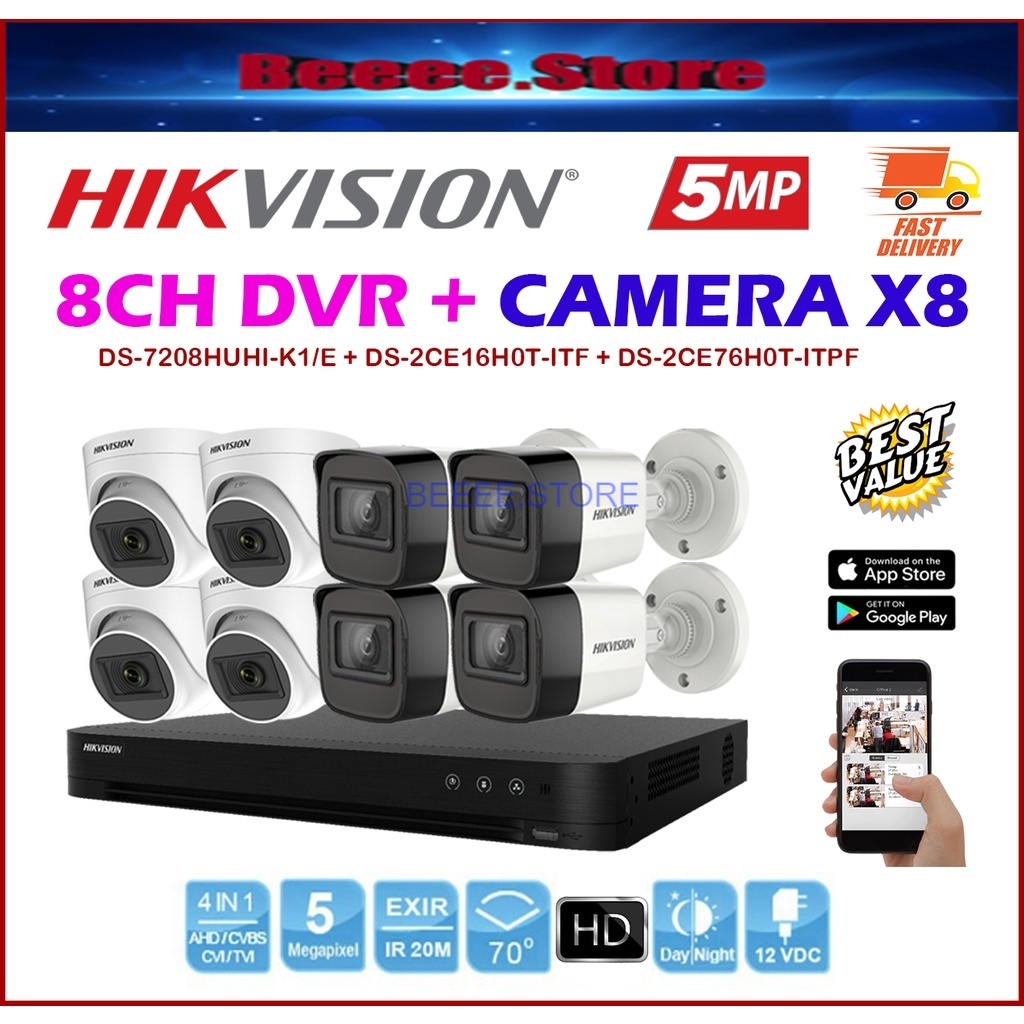 HIK HIKVISION 5MP Full Set 8CHANNEL 4K HD CCTV 8CH Ultra HD 1920P 5.0MP 8CH DVR + Camera
