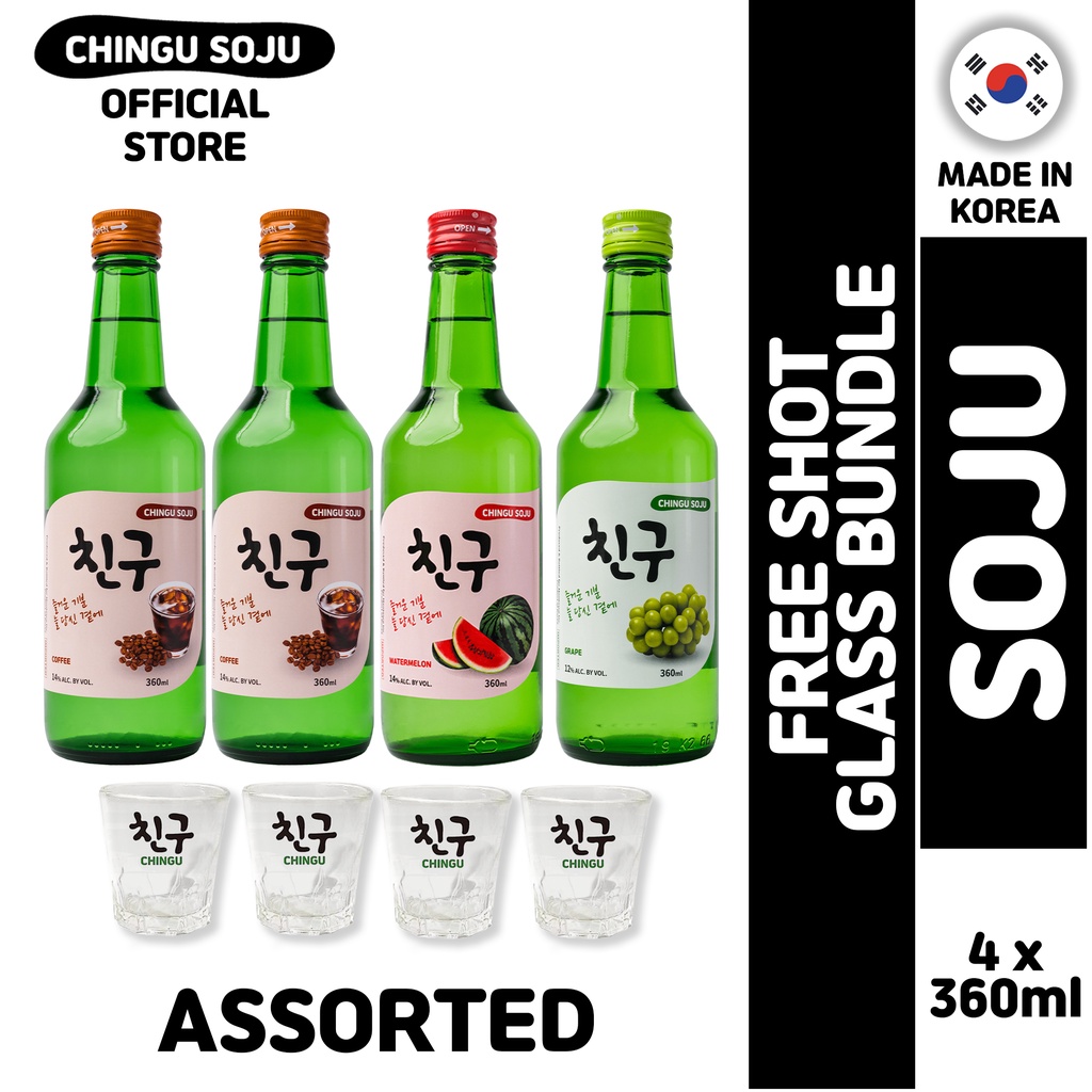 Chingu Soju Assorted Flavors 360ml 4 Bottles With 4 Soju Glasses (2
