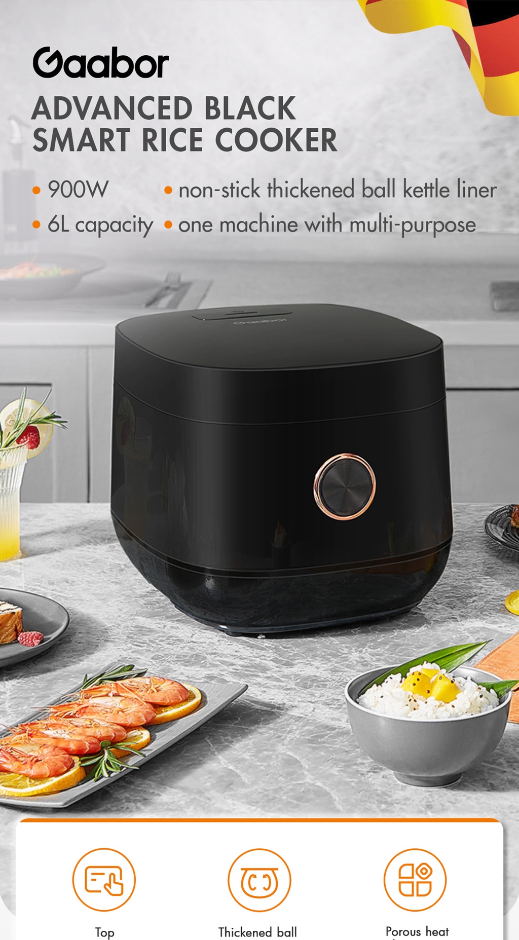 Gaabor Rice Cooker, 6L Big Capacity Touch Control 24h Preset Timer