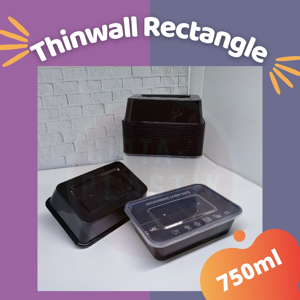 HITAM Black Plastic Lunch Box 750 ml Thinwall Rectangle Black Series