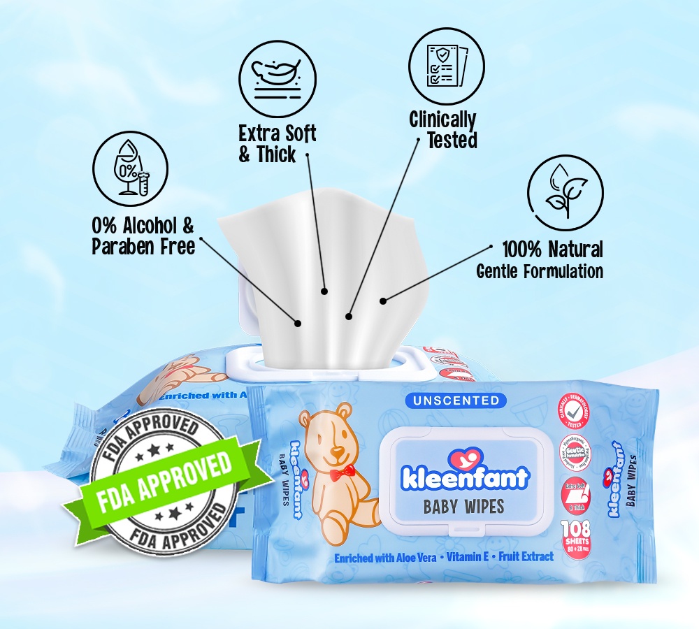 Kleenfant Baby Wipes Unscented 108 Sheets Box Set of 15 Newborn Wet