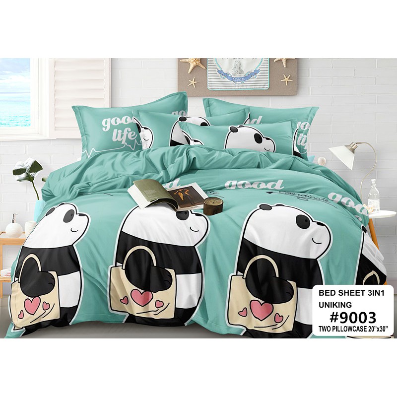 Sale 3in1 Plain Single Size Bed Sheet Green Cute Panda Fresh Bedsheet