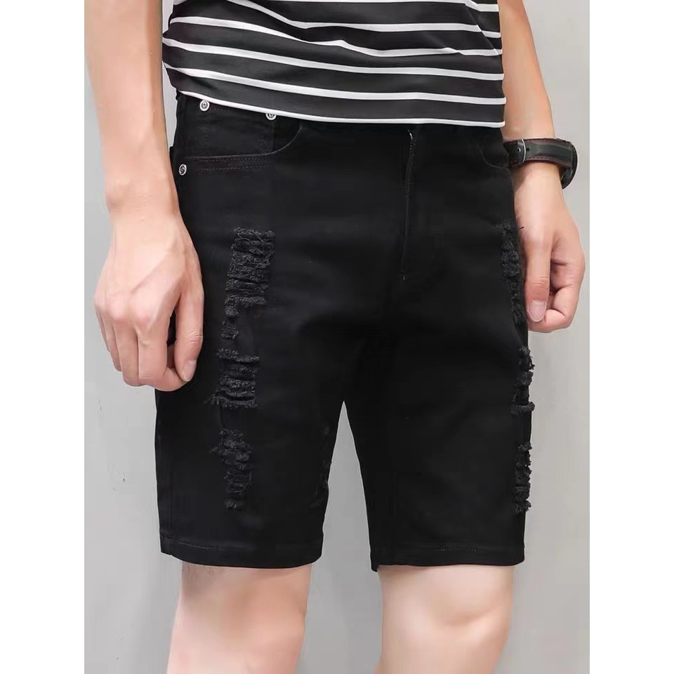 Men's Fashion Tattered Ripped Black Denim Shorts 7597 | Shopee Philippines