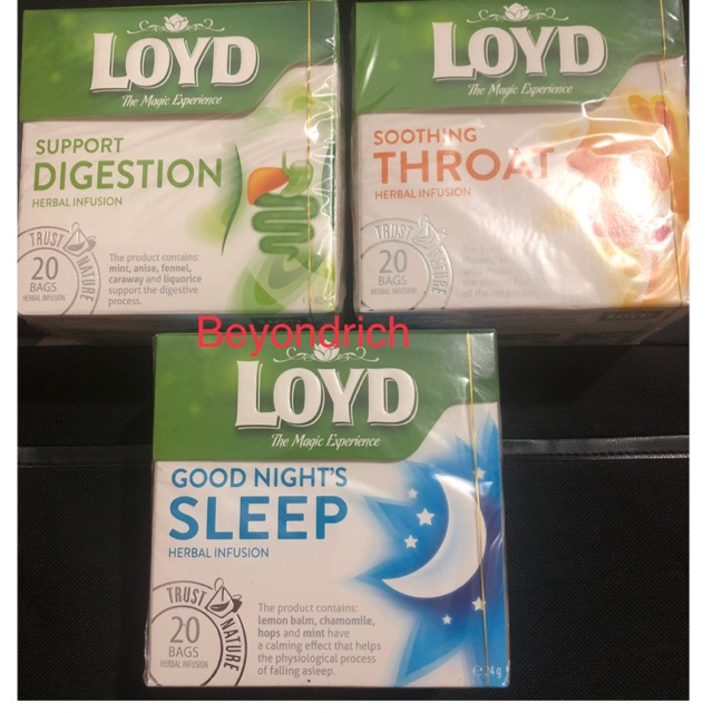 Loyd Herbal Infusion Teas Support Digestion Soothing Throat Good Night’s Sleep lemon balm chamomile
