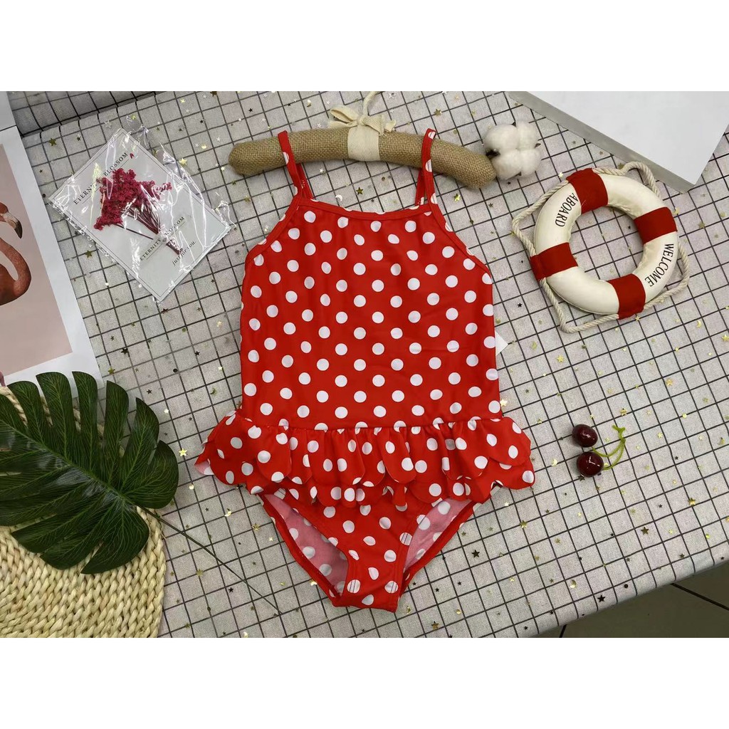 Girl Children's Swimsuit Fashion Red White Dot Swimsuit Dress (Good ...