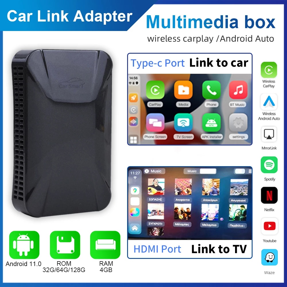 New Carplay Ai Box Wireless Multimedia Android Auto TV Box for USB