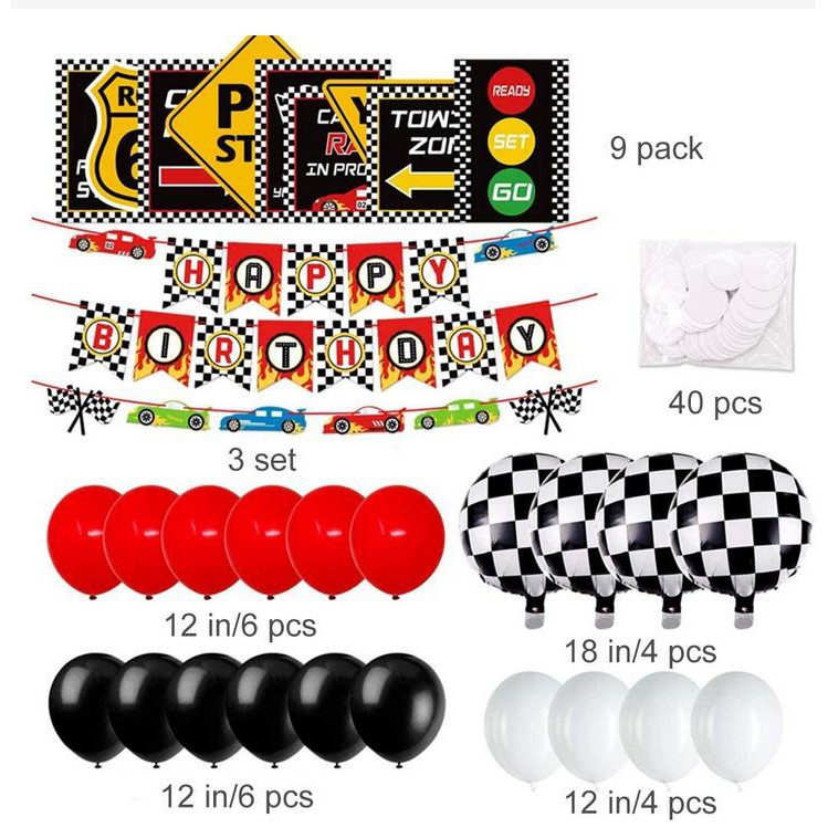 Race Car Birthday Party Decorations Checkered Racing Car theme Balloon Happy Birthday Banner for Birthday Race Themed Party Sports Events