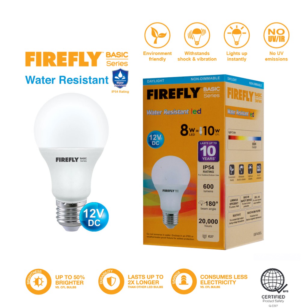 8W 12V DC Firefly Basic Series Water Resistant LED Light Bulb Daylight