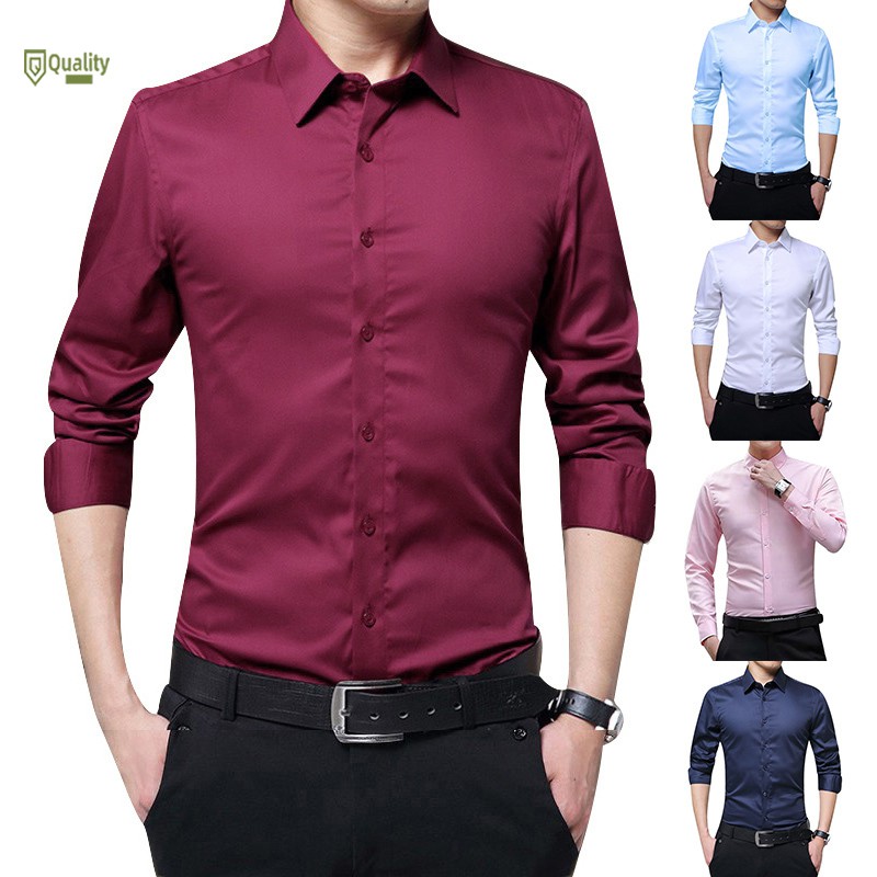 Men Long Sleeve Shirts Slim Fit Solid Business Formal Shirts for Autumn ...