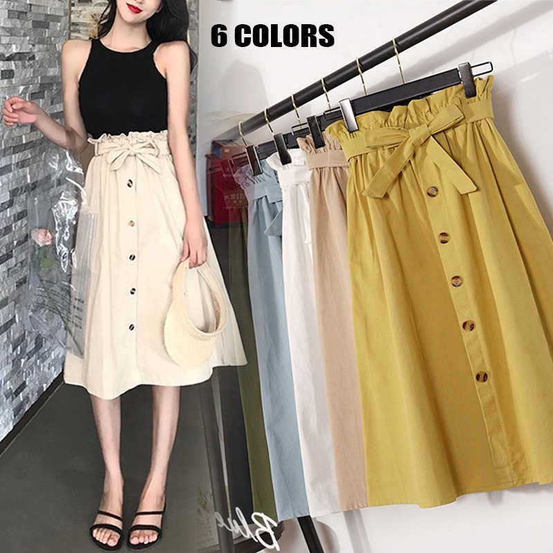 Summer Autumn Skirts Womens Midi Knee Length Button High Waist Skirt Female Pleated School Skirt Shopee Philippines