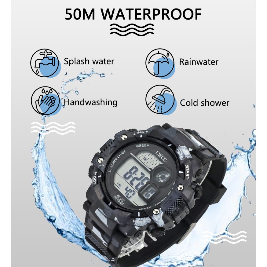 Lwcc Fashion Digital Watch Camouflage Waterproof Sport Watch Multifunction w-22