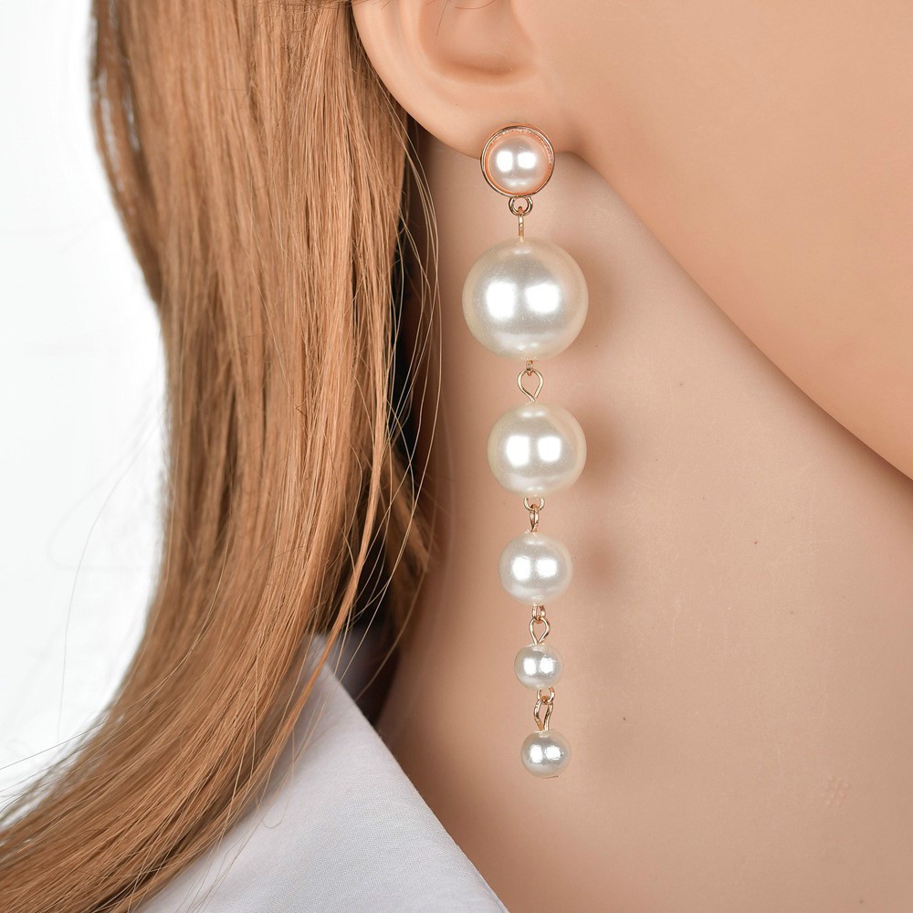 Women Pearl Tassel Long Earrings Simple Versatile Dangle Ear Metal Jewelry