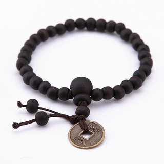 Wood Buddha Buddhist Prayer Beads Bracelet Copper Coin Bangle Wrist Ornament
