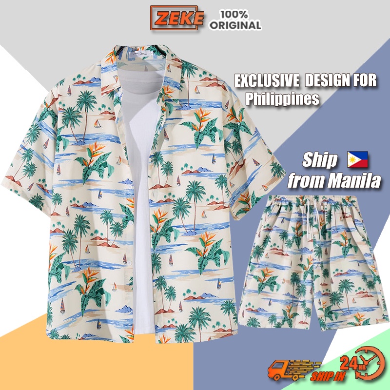 Hawaiian Beach Pants for Men Couple Oversized Loose Casual Suit Short sleeve Polo Shirt Middle Pants #4