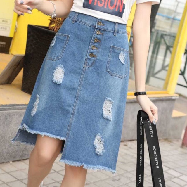 New high waist irregular Maong skirt w/5Button pocket #614 | Shopee ...