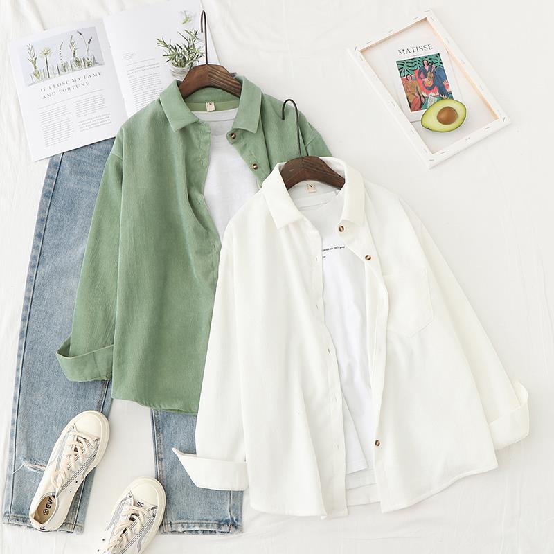 GINNIE Ready Stock Free Shipping Fast 2022 Spring New Style Vintage Corduroy Shirt Women Jacket Hong Kong ins Loose Striped Long Sleeve Outer