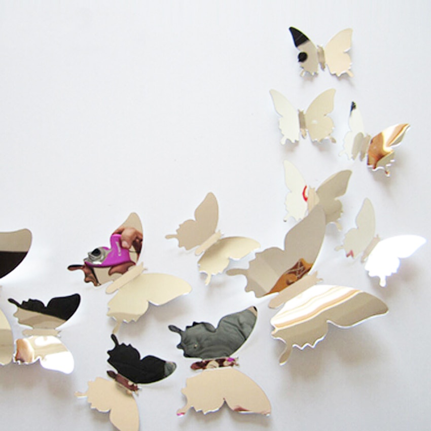 12Pcs Mirror Wall Sticker Decor Butterflies 3D Mirror Wall Art Party Wedding Home Decors Butterfly