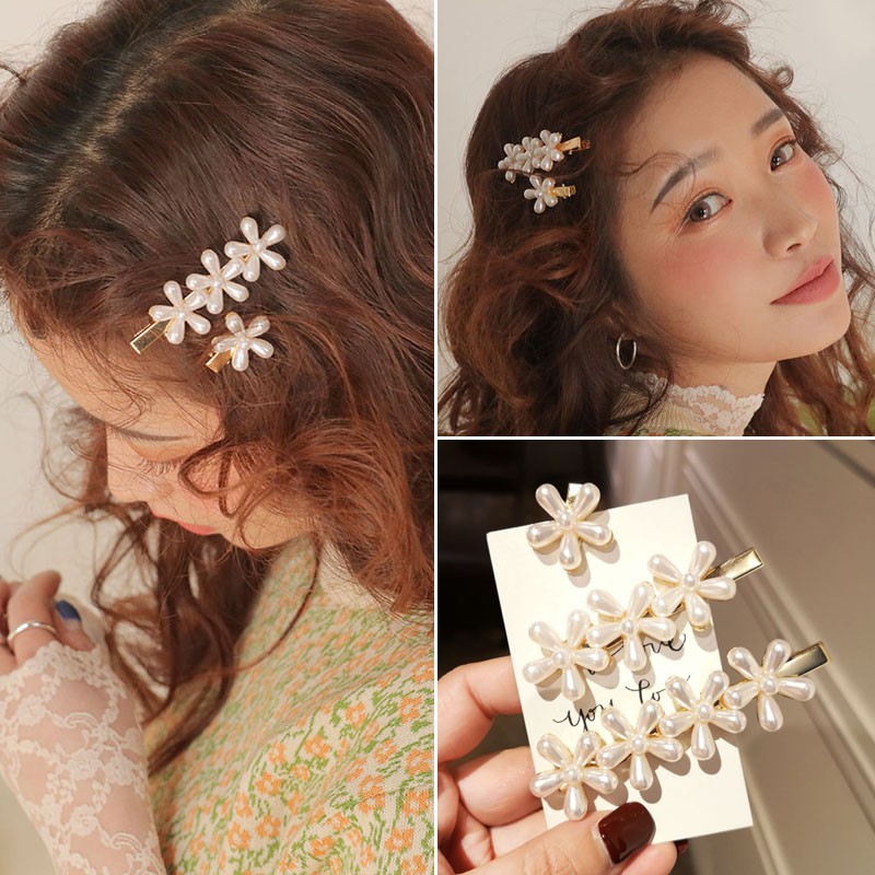 Women Hairgrips White Acrylic Pearl Floral Flower Beaded Metal
