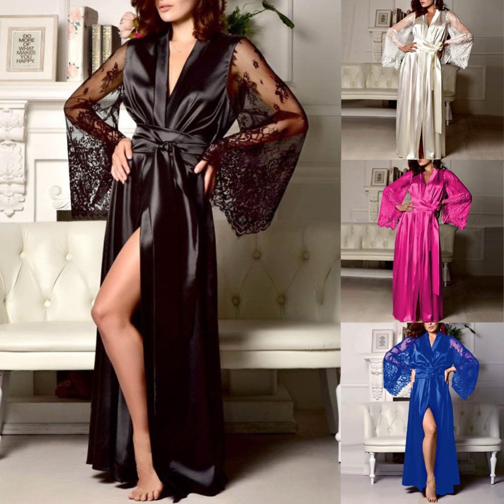 ♥YAR♥Sexy Women Lace Long Sleeve Silky Kimono Robe Sleepwear Nightgown ...