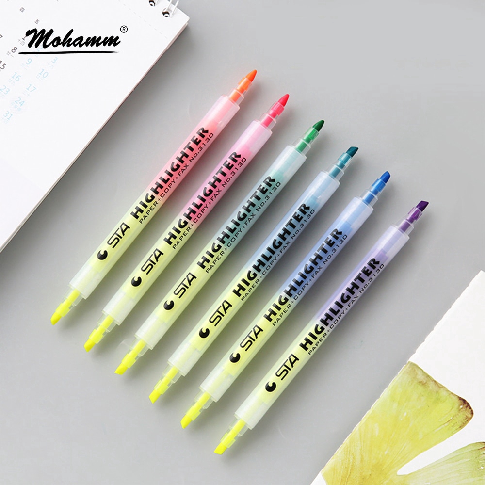 6 Colors Dual Head Highlighter Pen School Office Supplies Stationery ...