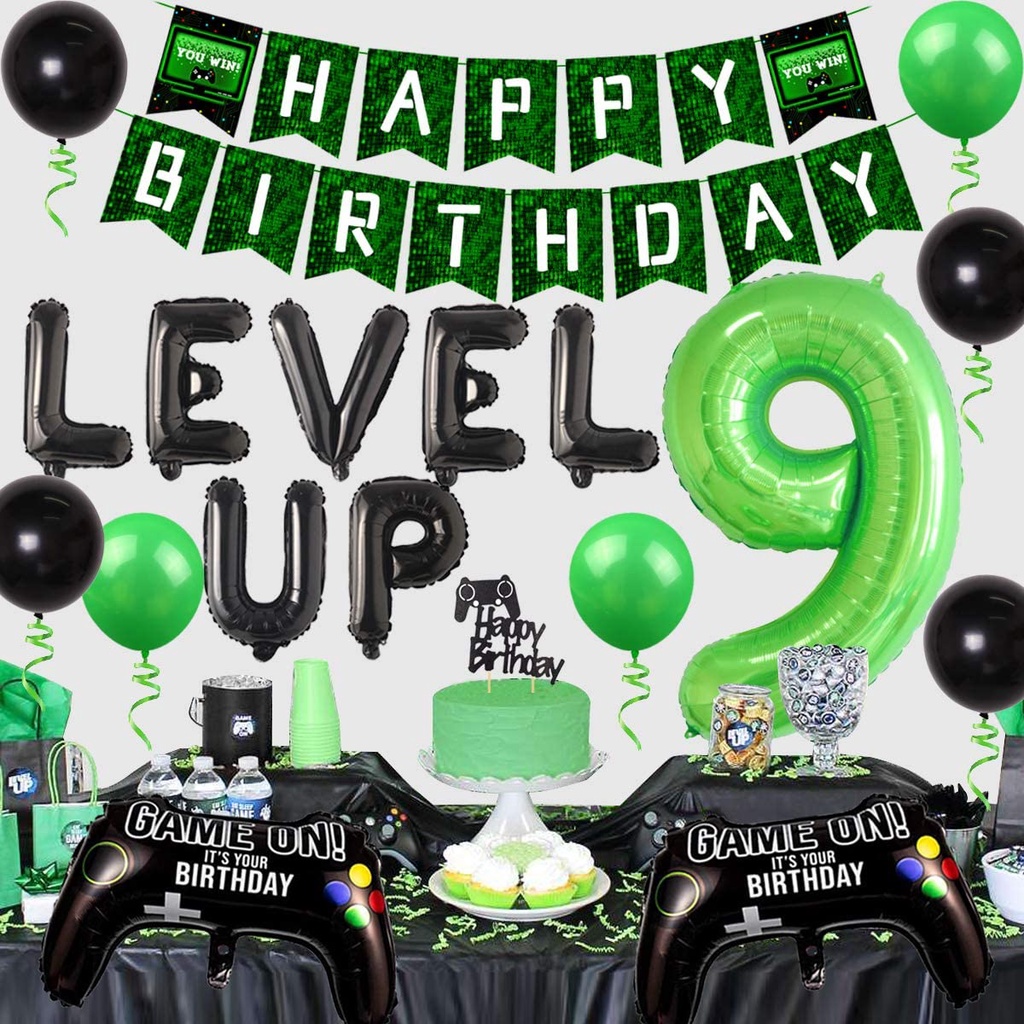 CHEEREVEAL Video Game Themed 9th Birthday Party Decoration for Boys Nine Years Old Birthday Supplies with Green Black Balloons Set Game Controller Level Up Foil Balloons Banner