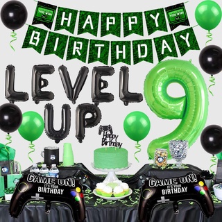 CHEEREVEAL Video Game Themed 9th Birthday Party Decoration for Boys Nine Years Old Birthday Supplies with Green Black Balloons Set Game Controller Level Up Foil Balloons Banner #2