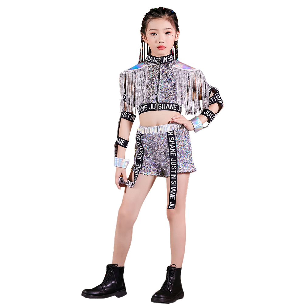 Kids Girls Sequins Jazz Dance Costume Korean Hip Hop Clothing Streetwear  Crop Tops Shorts Set Stage Performance Wear | Shopee Philippines