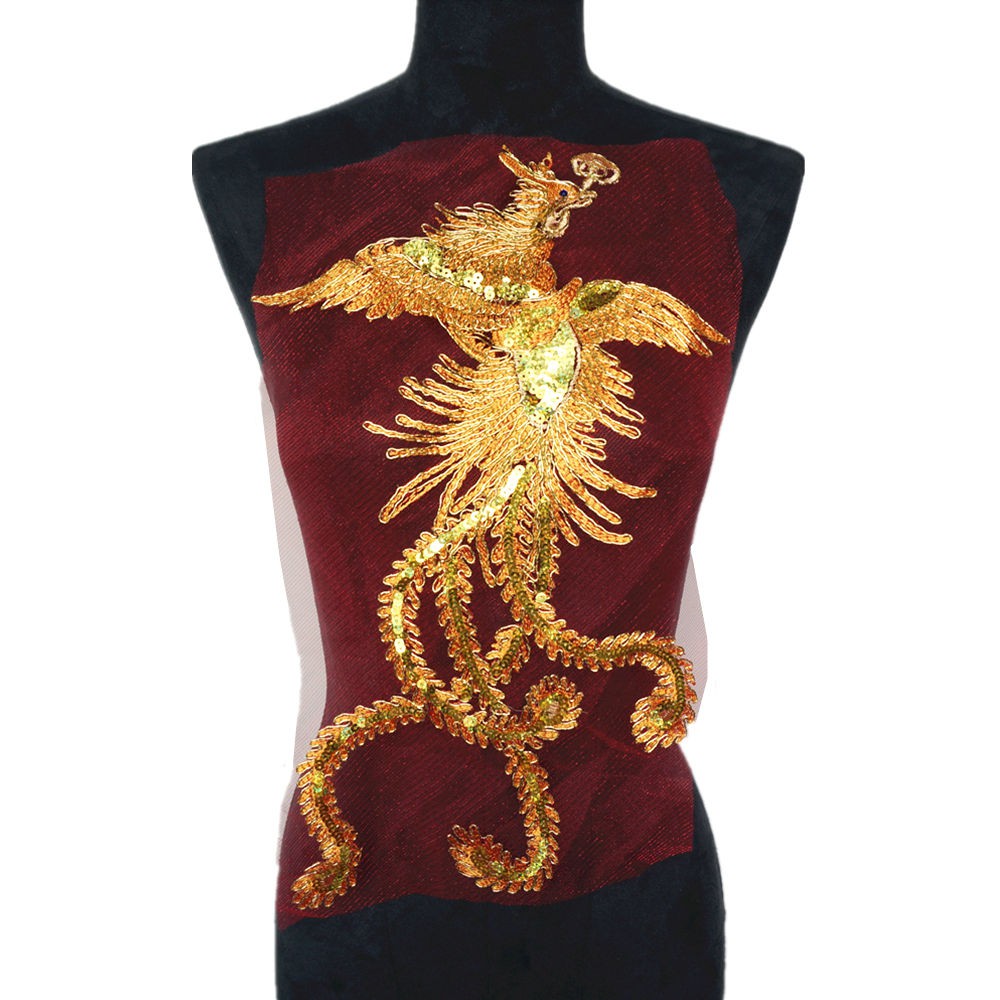Sequin Embroidery Chinese Phoenix Lace Applique Fabric Sew Collar