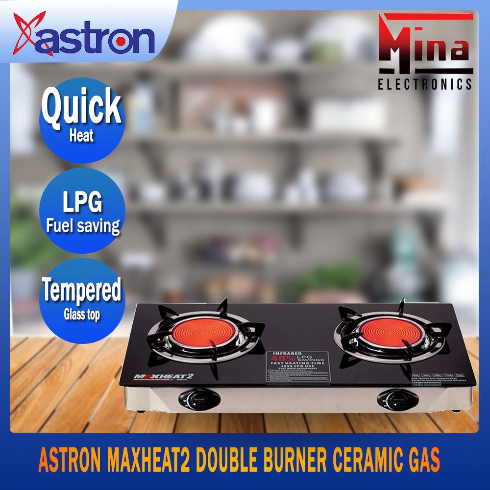 Astron MAXHEAT2 Double Burner Ceramic Gas Stove with Tempered Glass Top