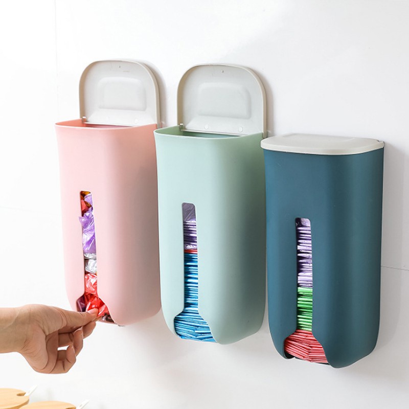 Blue Wall Mount Carrier Bag Dispenser Back Adhesive Trash Garbage Plastic Bag Storage Box Organizer Recycling Grocery Pocket Containers 