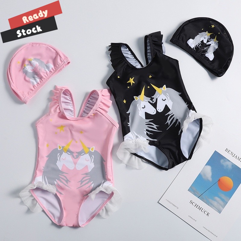 Kids Girls One Piece Unicorn Pink Black Kids Swimwear Swimsuit for 1 2 3 4 5 6 Years Old Kids Girls
