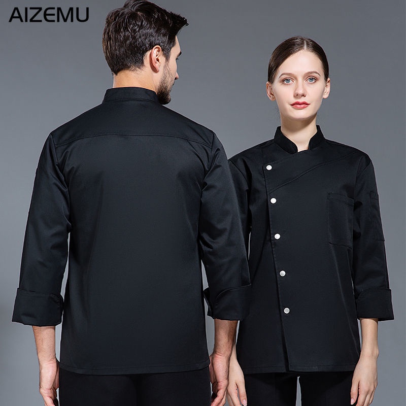Men Chef Jacket Black and White Chef Outfit Long Sleeve Chef Coat Snap Front Closure Restaurant
