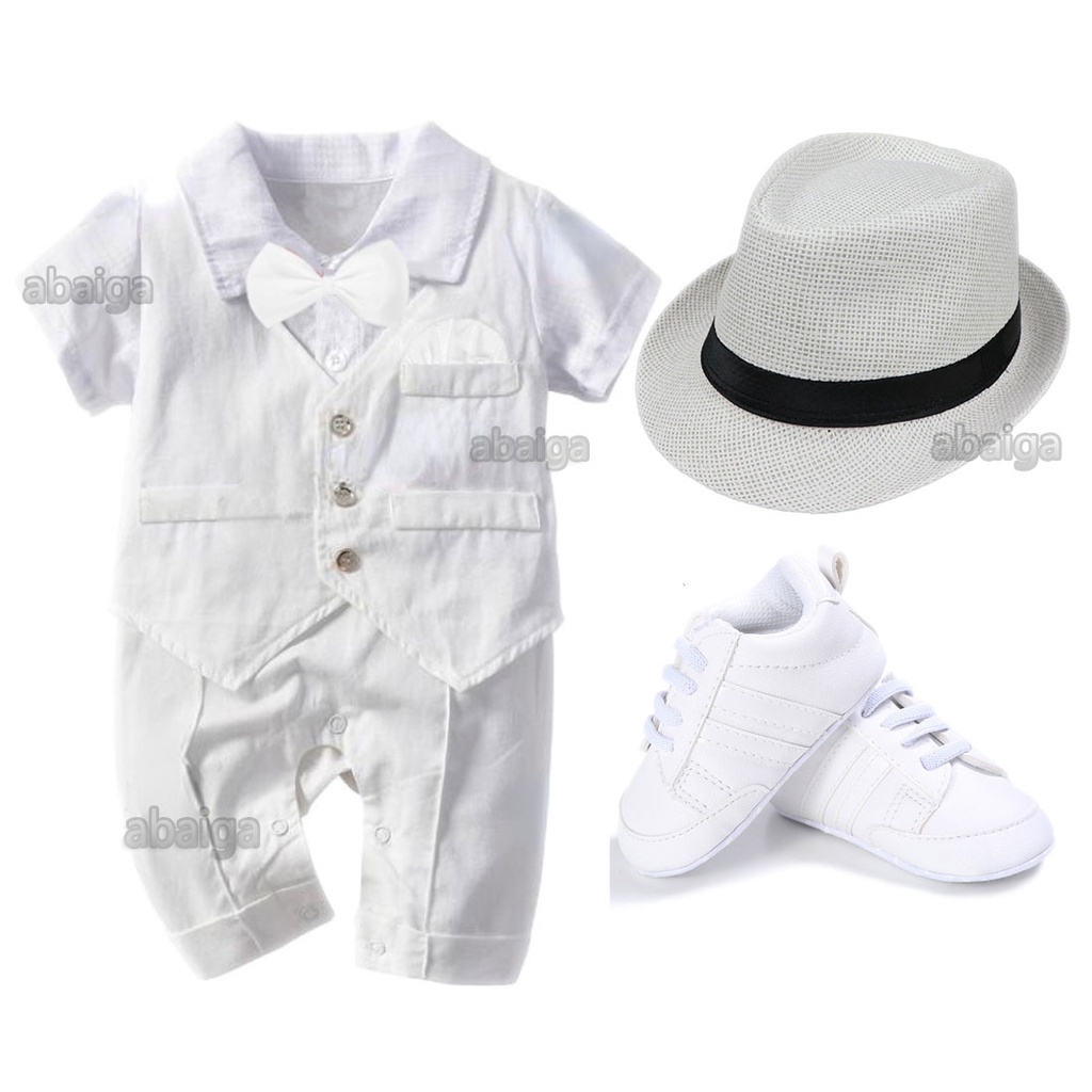Baptismal Baby Boy Clothes White Romper with Bow Tie Set Terno