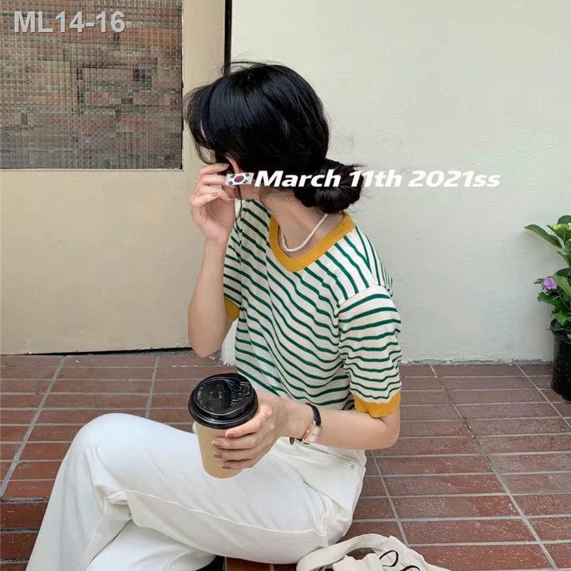 2021 Contrast Of New Color Thin Round Neck Short Sleeve ais Silk Knitted Loose T-Shirt Striped All Women’s Matching